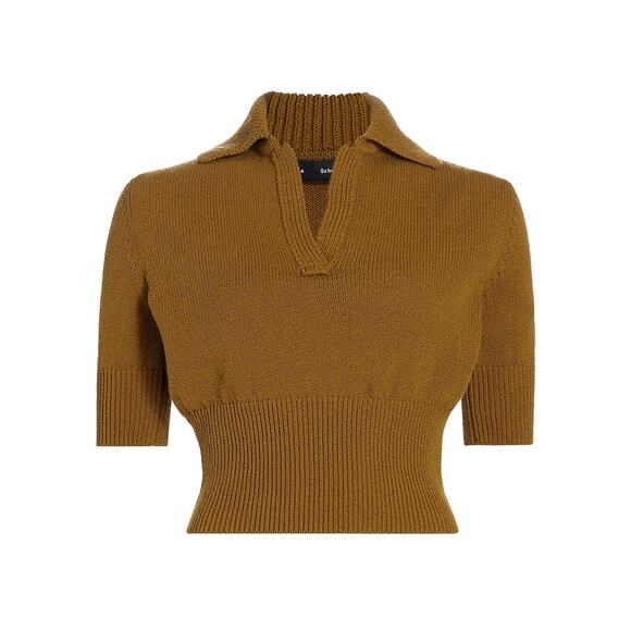 Proenza Schouler 'Reeve' Brown Cotton-Blend Knit Short Sleeve Polo Top Size XS - Picture 1 of 6